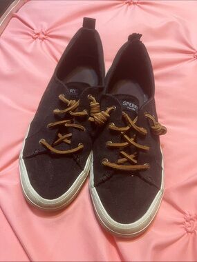 Sperry Black Canvas Low-Top Sneakers with Brown Leather Laces